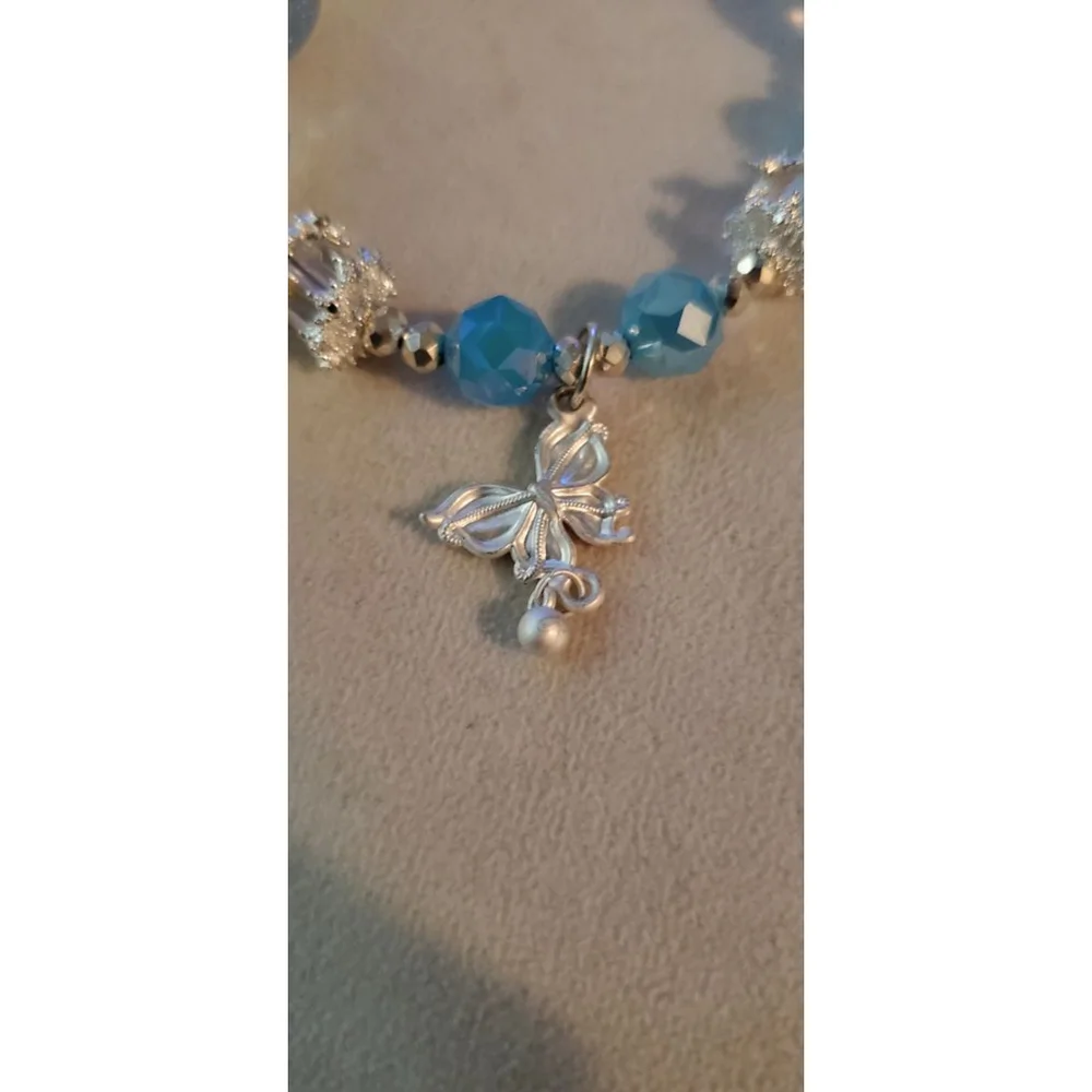 Beaded Bracelet Blue Silver Butterfly Charm phone chain